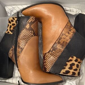 Leopard and Snake Print Tan and Black Ankle Boots